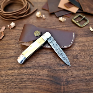 Handcrafted Damascus Steel Folding <b>Knife</b> <b>Bone</b> <b>Handle</b> Straight Edge Drop Point Blade 3 Blades Slide Open Pocket <b>Knife</b> - Product Image 3