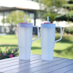Vaso de agua de plástico reutilizable de 40 oz, taza esmerilada con asa y pajita, taza portátil para coche, para deportes al aire libre, viajes, bebidas a granel - Product Image 4