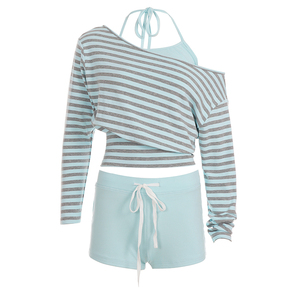 Ensemble trois pièces rayé, débardeur à col halter, chemise à manches longues et short, ensemble de vêtements de sport décontractés pour femmes - Product Image 6