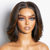Perruque Humaine Luxe avec Mèches Colorées 5x5, Lace Closure, Cheveux Courts Dégradés, Ondulés, Lace Frontal, Coupe Pixie Bob