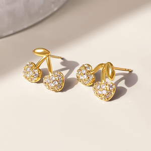 Wholesale S925 Sterling Silver Cherry <strong>Earrings</strong> Full Pave CZ Studs Leaf <strong>Stem</strong> Cute Fruit Fashion Jewelry Featuring Zircon Bulk - Product Image 6