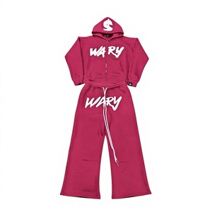 Ensemble de survêtement Wary Red à capuche, entièrement zippé, streetwear en coton, unisexe adulte, pour l'automne, imprimé lettres, coupe ample, design 2 en 1 - Product Image 4