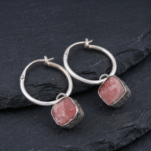 925 <b>Sterling</b> <b>Silver</b> Hoop <b>Earrings</b> With Natural Rhodochrosite Stone Bezel <b>Set</b> Geometric Minimalist Design Women's Everyday Wear - Product Image 3