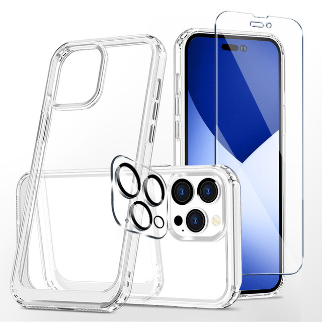 3 in 1 Case Cover Set for Iphone 14 15 Series HD Tempered Glass Screen Protector Camera Lens Protector Accessories