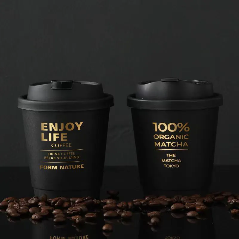 Disposable gold foil stamping black coffee cup takeaway double wall coffee paper cups with lid