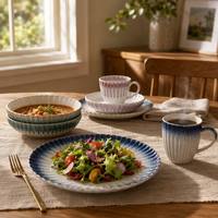 Service de table en grès en forme de chrysanthème, avec assiette, bol et tasse à pétales côtelés et glaçure dégradée, idéal pour mariages, décoration, fêtes et maison