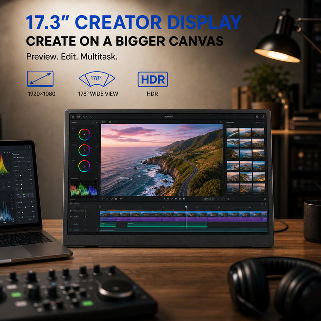 Creator Portable Monitor 17.3 Inch Full HD IPS Display with Dual USB C for Photo and Video Editing Gaming Monitor