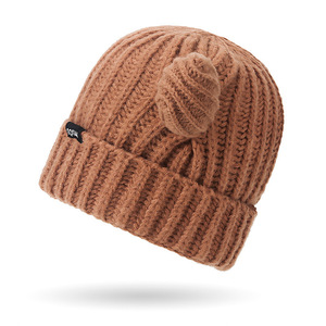 Japanese Style Knitted Beanie With Bear Ears Coffee Color Warm Windproof For Women Autumn Winter Hat - Product Image 3