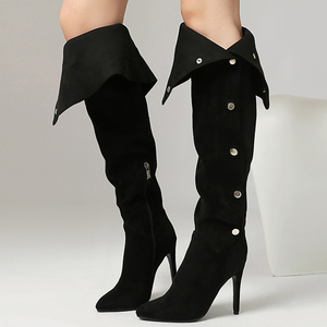 Botas de tacón alto fino de ante para mujer, por encima de la rodilla, con punta fina, talla grande 46, cremallera lateral y botones, con parte superior plegable - Product Image 4