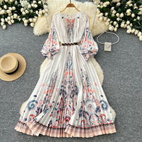 Robe vintage à imprimé pour femmes, ample, à nouer à la taille, col rond, manches lanternes, jupe plissée pressée, robe vintage