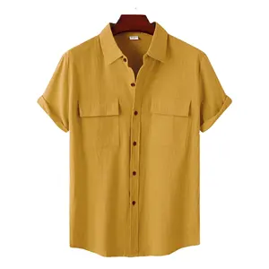 Camicia da uomo in cotone e <span class=keywords><strong>lino</strong></span>, estiva, a maniche corte, con colletto a revers, tinta unita, nuova moda, abbigliamento casual da uomo. - Product Image 1