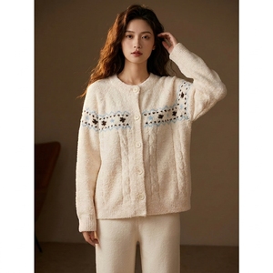 Women's Winter Breathable Soft Thermal Crew Neck Drawstring Pajama Set with Full-Length Wide-Leg Pants and Cardigan Home Wear