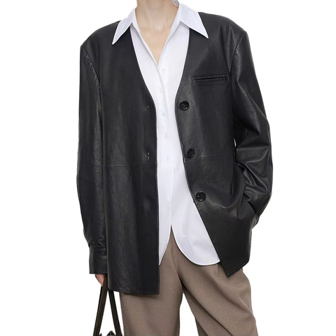 3256 Custom Simple Design Black Single Breasted V Neck Slim Women's Real Leather Coat
