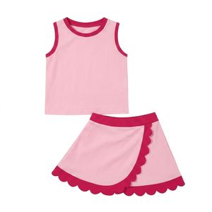 Set gonna corta estiva in spandex tinta unita personalizzabile con logo stampato, stile coreano, senza maniche, con orlo smerlato, per ragazze - Product Image 2