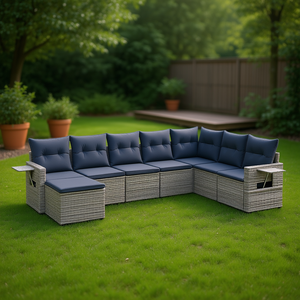 8 Piece Grey Poly <b>Rattan</b> Garden <b>Sofa</b> Set With Cushions Outdoor Furniture Contemporary Style - Product Image 2