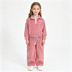 Ensemble en velours côtelé 2 pièces pour enfants : Haut demi-zip et pantalon cargo à cordon de serrage – Tenue décontractée douce et chaude pour filles - Product Image 2