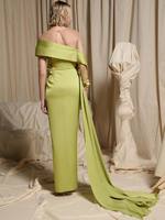Robe de soirée trapèze en satin à col montant LM D369 Chartreuse, taille naturelle, appliques florales 3D en cristal, fente avant, robe de cérémonie