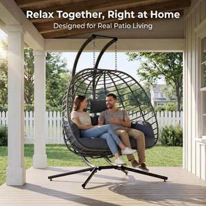 Fauteuil suspendu double en rotin pour extérieur, terrasse, 1 personne, avec coussin imperméable, moderne, pour intérieur, chambre, pelouse, jardin, couleur foncée - Product Image 2