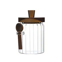 Bocal en verre borosilicate à nervures verticales avec couvercle en bois d'acacia et cuillère en bois, compatible micro-ondes, récipient de stockage alimentaire moderne