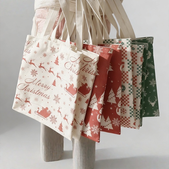 Custom Logo Christmas Canvas Tote Bag Reusable Holiday Gift for Corporate Events and Supermarket Promotions Wholesale
