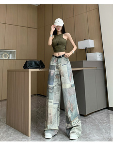 Vaqueros de <span class=keywords><strong>mujer</strong></span> con estampado de texto de periódico completo, de mezclilla vintage, de cintura alta, extragrandes, de largo completo, estilo retro Y2K, para la calle - Product Image 2