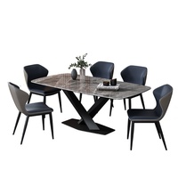Ensemble de table à manger contemporaine avec 6 chaises, surface en marbre, base en X noire, chaises bicolores, salle à manger, maison familiale