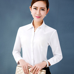 เสื้อเชิ้ตและเสื้อเบลาส์<span class=keywords><strong>ผู้หญิง</strong></span> โพลีเอสเตอร์คอตตอน ทรงเข้ารูป แขนยาว เสื้อเชิ้ตทำงานสีขาวล้วน เสื้อเชิ้ตทางการ - Product Image 1