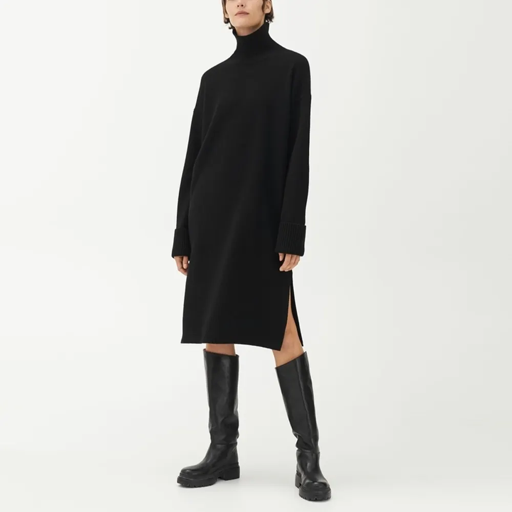 Guoou custom black high neck knit long sleeve side slit loose casual long cashmere wool sweater dress