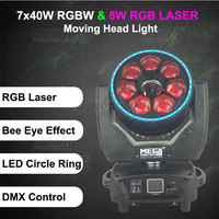 Projecteur de scène motorisé 7x40W RGBW Bee Eye avec laser et anneau LED 3-en-1 DMX512 Beam Wash Zoom IP33 pour DJ, club et concert