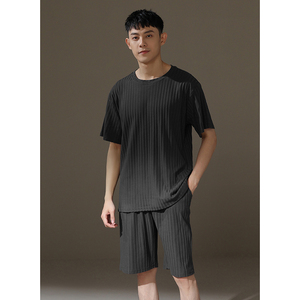 <span class=keywords><strong>Pijama</strong></span> de algodón de verano gris oscuro para <span class=keywords><strong>hombre</strong></span>, cuello redondo, manga corta, ropa de casa suelta a rayas, <span class=keywords><strong>tela</strong></span> de punto - Product Image 2
