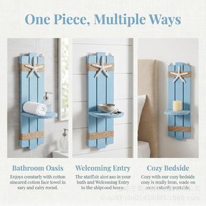 Wooden Wall Mounted <b>Shelf</b> Blue Starfish Decor Beach Style Storage <b>Rack</b> For Living Room Wall Decoration - Product Image 3
