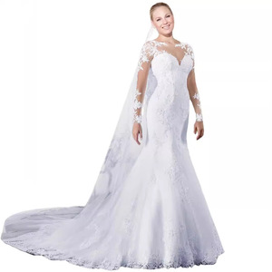 Wedding Dress Mermaid Silhouette Sweetheart Neckline White Floral Lace Long Sleeve With Veil For Bride - Product Image 5