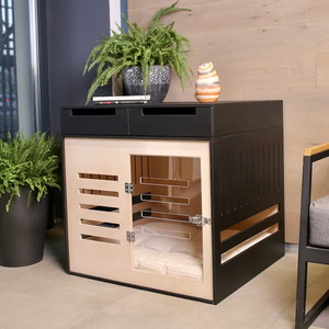 Modern Dog crate with two drawers and acrylic door with a latch Wooden rectangular dog crate with flat roof