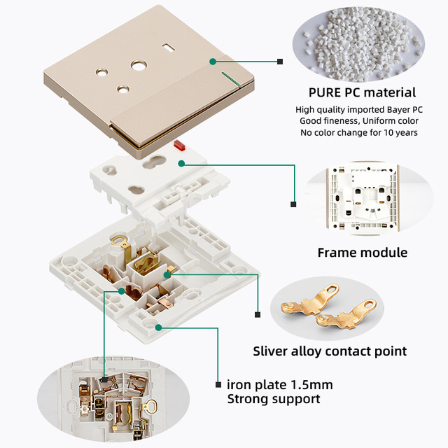 Cheap Price 250V AC IP21 PC Metal Modular Smart Switches and Sockets Electrical Switch Wall Switch Socket