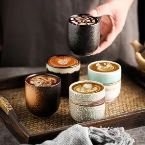 日本の水釉ハンドルなしヴィンテージマットセラミックブルーティーカップ、190ml紅茶カップ