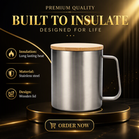 Mug de voyage isotherme en acier inoxydable à double paroi avec couvercle en bois, capacité 350 ml, idéal pour cadeaux (vente en gros)