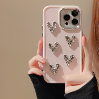 Coques de téléphone pour iPhone 15 14 13 12 11, tendance, douces, électro-plaquées, 3D, cœur d'amour, kawaii, mignonnes, girly
