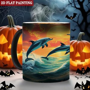 Frosted Black <b>Ceramic</b> <b>Mug</b> 11oz Heat Color Changing Magic Cup With Dolphin Sunset Art Design - Product Image 6