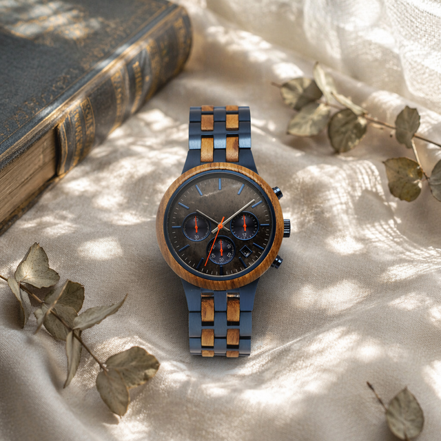 Men Wood Metal Hybrid Chronograph Watch Natural Wood Bezel Date Window Steel Wood Mixed Bracelet Eco Casual Waterproof Watch