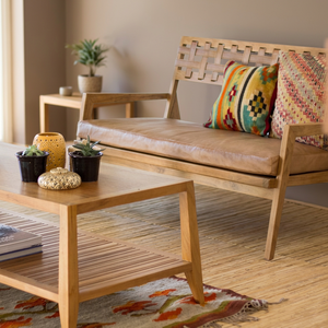 Plantation Teak Two Seat <b>Sofa</b> <b>Bed</b> Featuring Light Walnut Leather Cushions Sleek Tapped Angled Arms Blending Home Furniture - Product Image 3