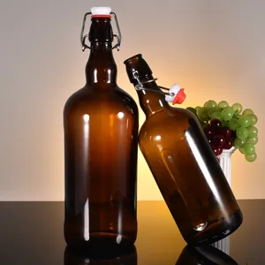 Bulk Navulbare Bruine Glazen Opslagfles 1250Ml Amber Roestvrijstalen Gesp Flessen Met Aangepaste Etiketverpakking