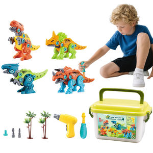 Ensemble de jouets d'assemblage de dinosaures STEM avec tournevis électrique manuel, 4 modèles, accessoires de scène, seau de rangement, cadeau pour enfants pour développer la motricité fine - Product Image 1
