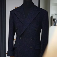 Manteau d'hiver long formel pour homme en laine 100% imperméable - bleu marine à chevrons Manteau sur mesure en laine grossière