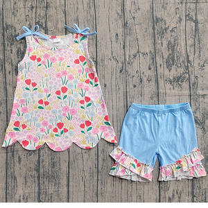 Preventa al por mayor: Conjuntos de verano con estampado de flora para niñas, 5 unidades, ropa de moda para hermanas, algodón orgánico, nueva colección boutique. - Product Image 3
