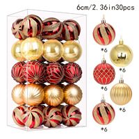 Ensemble de 30 boules de Noël rouges, vertes, blanches, à motifs flocons de neige et rayures, décorations pour sapin de Noël, 6 cm, en plastique