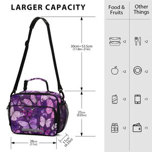 Portable Eco-friendly Purple Butterfly Pattern Custom Logo 2 Persons Kids Thermal <b>Insulated</b> <b>Lunch</b> Bag Zipper Adjustable Strap - Product Image 2