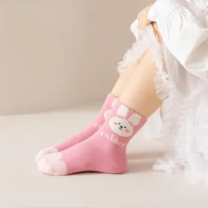 Wholesale Cute Pink Rabbit Jacquard Cotton Crew Socks Girls Custom Design Kids' School Socks Knitted Technique Colorful Cartoons