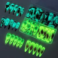 Boîte de rangement à 4 compartiments pour faux ongles Halloween à presser, impression 3D, phosphorescents, longs, forme Stiletto, style gothique, pour déguisements de fêtes