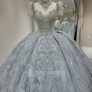 Pour Jancember DW0112 Bleu Gland Cristal Robe De Bal À Manches Courtes Puffy Robe De Mariée Magnifique Dentelle Fleur Applique Broderie pour - Product Image 4