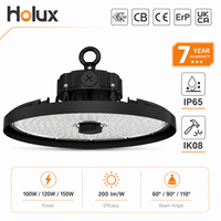 Lámpara LED High Bay UFO para Almacenes y Fábricas, 100W 120W 150W, 4000K, 200 Lm/W, Lente de PC Liteon 5050, IP65 IK08, 7 Años de Garantía